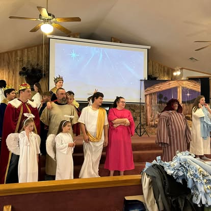 Kids and adults in the Christmas nativity play